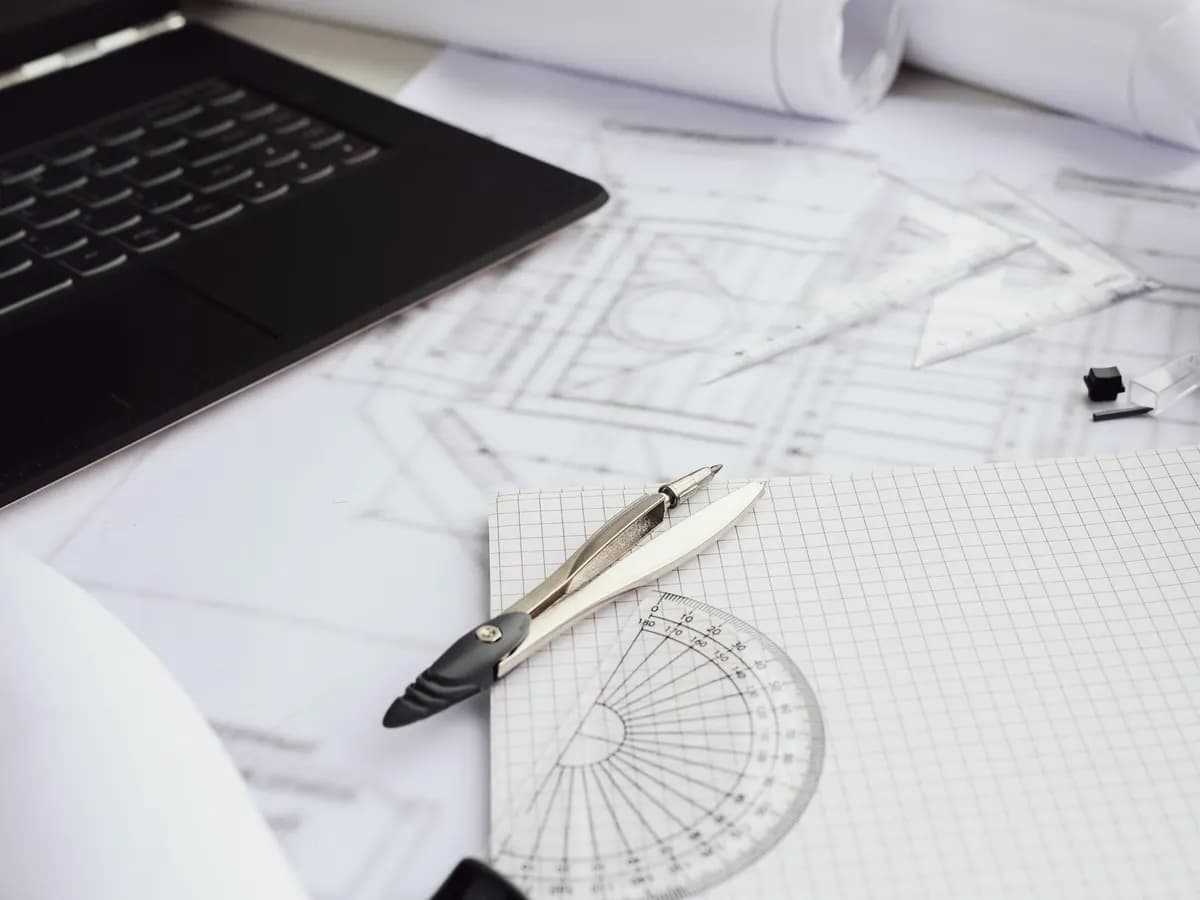 Laptop and drawing instruments on an engineering plan