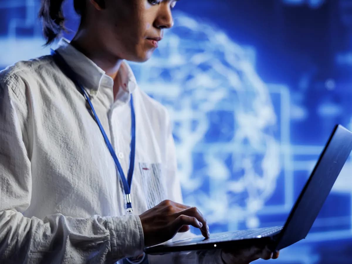 Engineer working on a laptop in front of a network visualisation