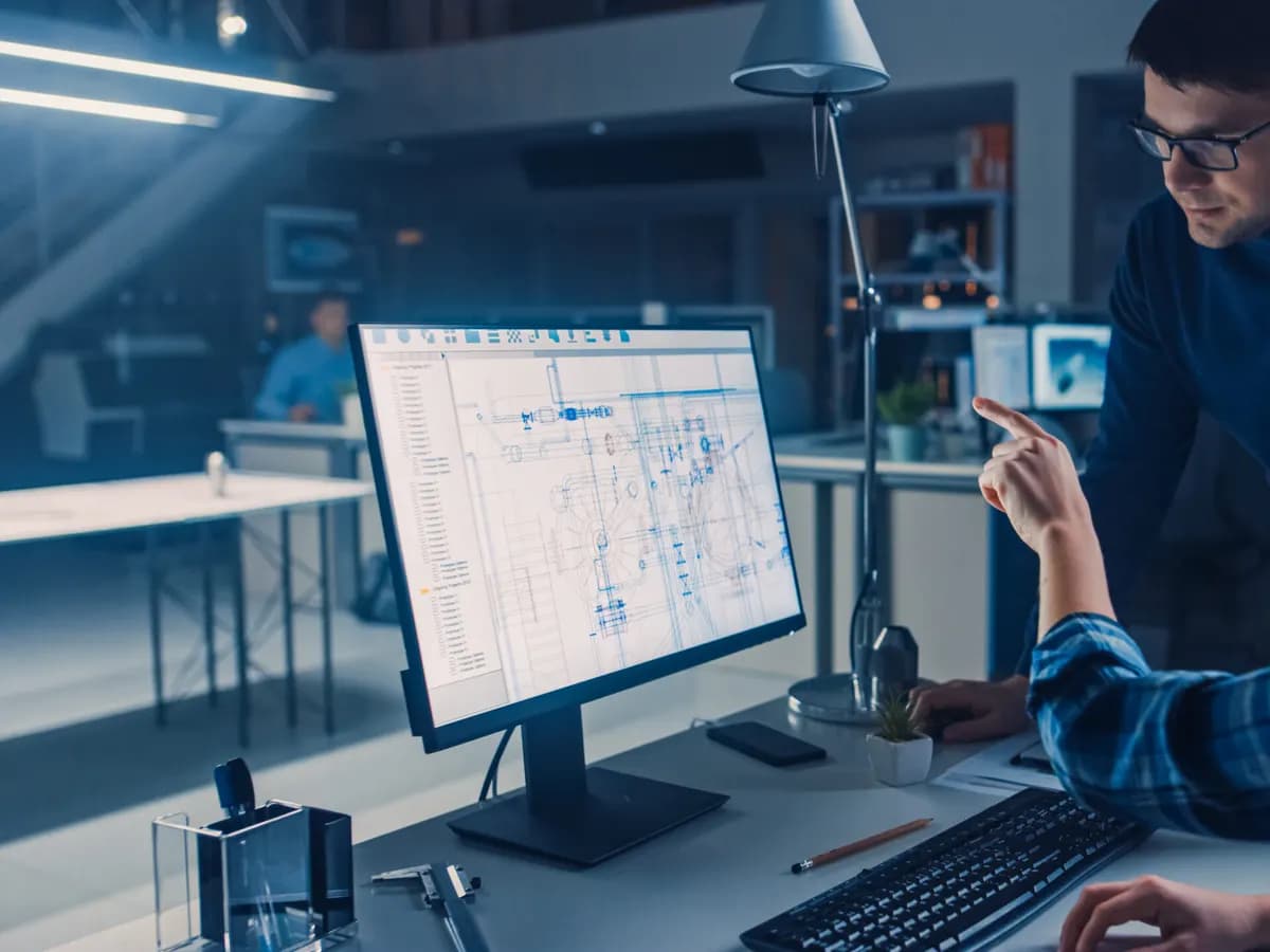 Engineers reviewing a building controls drawing on screen