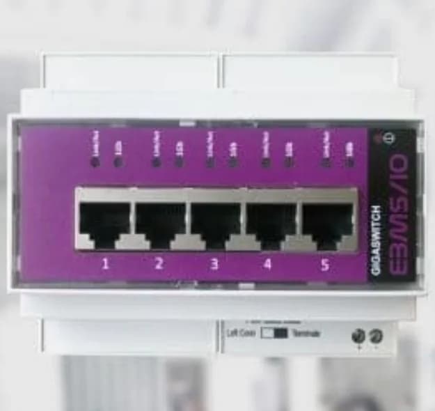 eBMS/GigaSwitch 5-Port Ethernet Switch, 10/100/1000 BaseTX, DIN Mount, 9-36VAC/DC Terminal & Built-In eBMS/IO Connector for Modbus Pass-Through and DC ONLY Power