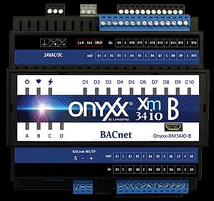 Onyxx -XM34IO-B 34 point IO module connection via BACnet MS/TP to BACnet hardware. Includes 16 Universal Inputs; 10 Digital Outputs and 8 Analog Outputs. Works with JENEsys EDGE534 and other JENE controllers