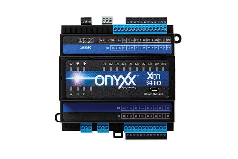 Onyxx-XM34IO - 34 point IO module connection via LynxBus to Onyxx-534 Hardware. Includes 16 Universal Inputs; 10 Digital Outputs and 8 Analog Outputs. Works with JENEsys EDGE534 and XM-IO34-B